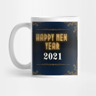 happy new year 2021 holiday retro vintage theme blue gold yellow brown border pattern Mug